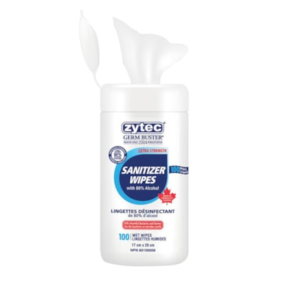 Zytec Sanitizer Wipes 100 Wipes - 6.69" (170 mm) Width x 7.87" (200 mm) Length - 1 / Each TUB OF 100 WIPES 80% ALCOHOL