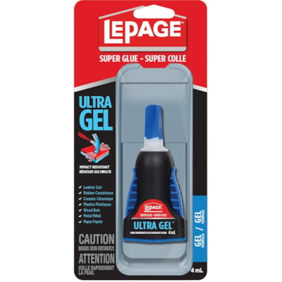 LePage Ultra Gel Super Glue - 0.14 fl oz (4 mL) - 1 Each 4ML RUBBER TOUGHENED FORMULA FOR SUPER STRONG BOND