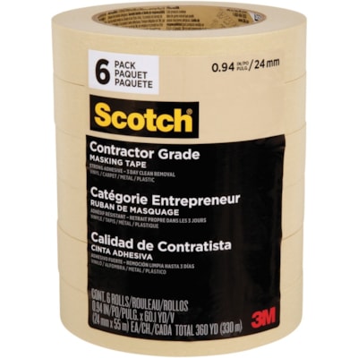 Scotch Contractor Grade Masking Tape 2020 - 60.1 yd (55 m) Length x 0.94" (24 mm) Width x 4.50 mil (0.11 mm) Thickness - Tan - Paper - 6 / Roll  0.94" X 60.1' (24MM X 55M) 6 ROLLS/PACK