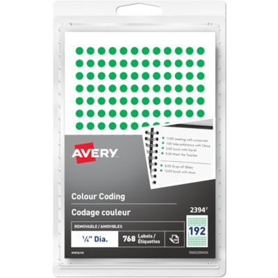 Avery® Removable Colour Coding Labels Handwrite, 1/4" - 1/4" (6.35 mm) Diameter - Removable Adhesive - Round - Green - 192 / Sheet - 4 Total Sheets - 768 Total Label(s) 1/4" ROUND GREEN