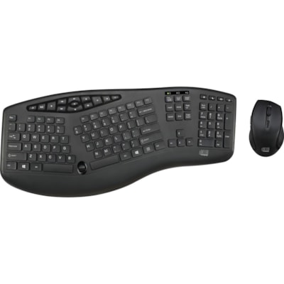 Adesso TruForm 1600 Wireless Ergonomic Keyboard and Optical Mouse - USB Membrane Wireless RF 2.40 GHz Keyboard - 104 Key - English (US) - Black - USB Wireless RF Mouse - Optical - 1600 dpi - Scroll Wheel - Black - Home, Back, Forward, Search, Email, Sleep, Wake-up, Power, Media Player, Calculator, P Wireless Ergonomic Desktop Key board  with low prof