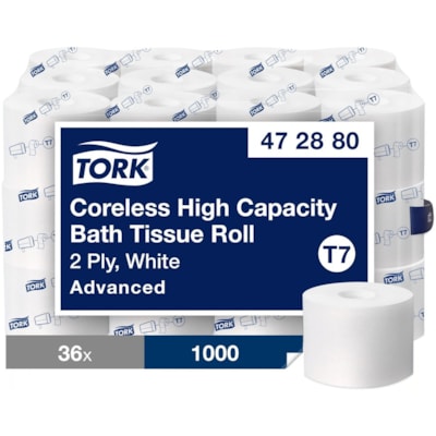 TORK Advanced Coreless High Capacity Bath Tissue - 2 Ply4" (101.60 mm) Length - 1000 Sheets/Roll - 4.75" (120.65 mm) Roll Diameter - White - 36 / Carton 2-PLY WHT 1000-SHT CORELESS 