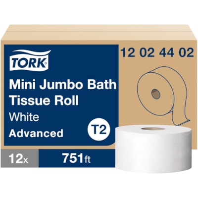 TORK Mini Jumbo Toilet Paper Roll White T2 - 2 Ply - 7.36" (186.94 mm) Roll Diameter - 2.34" (59.44 mm) Core - White - Fiber - 12 / Carton 2-PLY  32/3'' X 751'  WHITE ECOLOGO CERTIFIED