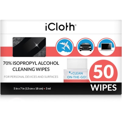 icloth 750-Pack 5 x 7-In. Large Wipes - For Multipurpose - 3 mL - Hypoallergenic, Low Linting, Absorbent, Soft, Individually Wrapped, Disinfectant, Ammonia-free, Scratch-free - Fabric - 50 / Box PERSONAL SIZE 70% ISOPROPYL ALCOHOL