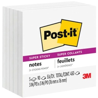 Post-it® Super Sticky Notes 654-5SSW, 3 in x 3 in, White - 3" (76.20 mm) Flag/Note Width x 3" (76.20 mm) Flag/Note Length - Square - 90 Sheets per Pad - White - Adhesive, Sticky, Recyclable - 5 Pack 654-5SSW-C WHITE 3INX3IN (76MMX76MM)