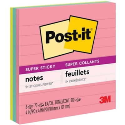 Post-it® - Feuillet adhésif super collant - largeur de drapeau/note 4 po (101,60 mm) x longueur de drapeau/note 4 po (101,60 mm) - Carré - 70 Feuilles par bloc - Miami - Repositionnables, Adhésif, Recyclable - 3 / emballage  LINED  4X4  3PACK 