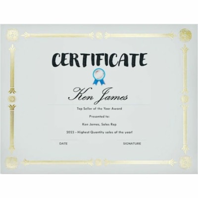 St. James® Elite Bond Certificates Julian 65lb Letter 15/pkg - 65 lb (29483.50 g) Basis Weight - "CERTIFICATE" - 8.50" (215.90 mm) Width x 11" (279.40 mm) Length - Laser, Inkjet Compatible - Ivory, Gold Foil - Linen - 15 / Pack  GOLD FOIL ON LINEN PAPER JULIAN STYLE - 15/PK