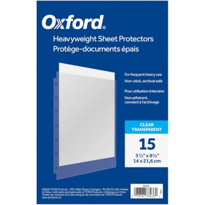 Oxford - Protecteur de feuille - Pour 5 1/2 po (139,70 mm) x 8 1/2 po (215,90 mm) Feuilles - 7 xsTrous - Reliure à anneaux - Chargement par le dessus - clair - Polypropylène - 15 / emballage  