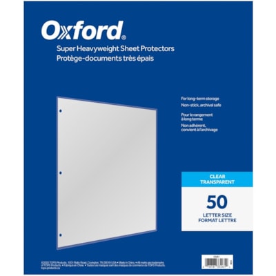 Oxford - Protège-documents épais,transparent, format lettre, à 3 trous, emb. de 50 - épaisseur de 3,3 mil (0,08 mm) - Pour format lettre 8 1/2 po (215,90 mm) x 11 po (279,40 mm) Feuilles - Reliure à anneaux - Chargement par le dessus - clair - Polypropylène - 50  