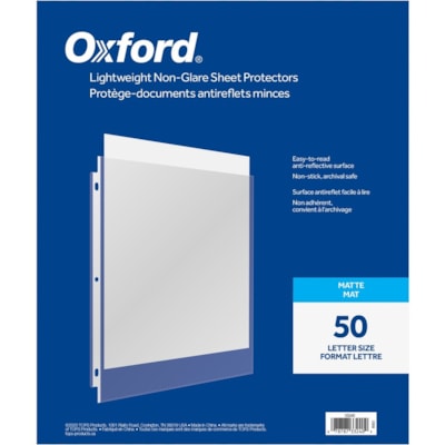 Oxford - Protecteur de feuille 33240 - épaisseur de 2 mil (0,05 mm) - Pour format lettre 8 1/2 po (215,90 mm) x 11 po (279,40 mm) Feuilles - 3 xsTrous - Reliure à anneaux - Chargement par le dessus - clair - Polypropylène - 50 / boîte  