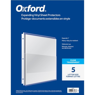 Oxford - Protecteur de feuille 33238 - épaisseur de 5,5 mil (0,14 mm) - 1 po (25,4 mm) Capacité maximale - Pour format lettre 8 1/2 po (215,90 mm) x 11 po (279,40 mm) Feuilles - 3 xsTrous - Chargement par le dessus - clair - Vinyle - 5 / emballage  