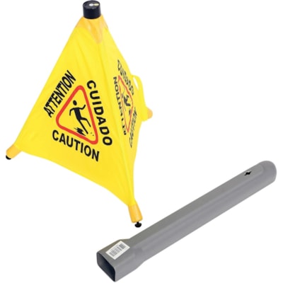 Globe Caution Sign - Print/Message "CAUTION" , "Attention" , "Cuidado" - 16" (406.40 mm) Width x 18" (457.20 mm) Height - Cone Shape - Lightweight, Bilingual, Foldable, Easy to Use, Reflective - Fabric - Black, Yellow - 1 / Each  HEIGHT OF 19 1/2"  ENG./FR. EASILY VISIBLE