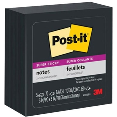 Post-it® Super Sticky Notes - 3" (76.20 mm) Flag/Note Width x 3" (76.20 mm) Flag/Note Length - Square - 70 Sheets per Pad - Black - 5 / Pack 654-5SSSC-C BLACK 3INX3IN (76MMX76MM)