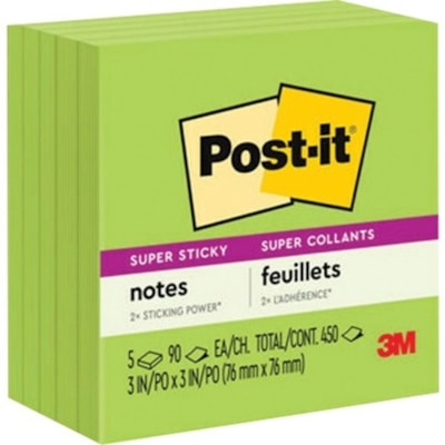 Post-it® Super Sticky Notes - 3" (76.20 mm) Flag/Note Width x 3" (76.20 mm) Flag/Note Length - Square - 90 Sheets per Pad - Limeade - 5 / Pack 654-5SSLE-C LIMEADE 3INX3IN (76MMX76MM)