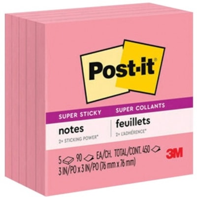 Post-it® Super Sticky Notes, 3 in x 3 in, Neon Pink, 5 Pads/Pack, 90 Sheets/Pad - 3" (76.20 mm) Flag/Note Width x 3" (76.20 mm) Flag/Note Length - Square - 90 Sheets per Pad - Neon Pink - Adhesive, Sticky, Recyclable - 5 Pack 654-5SSNP-C NEON PINK 3INX3IN (76MMX76MM)