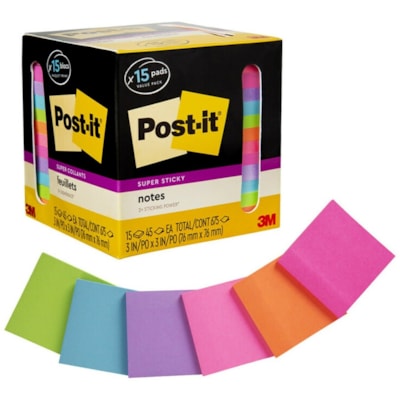 Post-it® Super Sticky Notes - 15 - 3" (76.20 mm) Flag/Note Width x 3" (76.20 mm) Flag/Note Length - Square - 45 Sheets per Pad - Neon Orange, Tropical Pink, Power Pink, Iris, Blue Paradise, Neon Green Limeade - Adhesive, Recyclable - 15 / Pack 654-15SSCP  ASSORTED COLORS 3 IN X 3 IN CABINET PACK