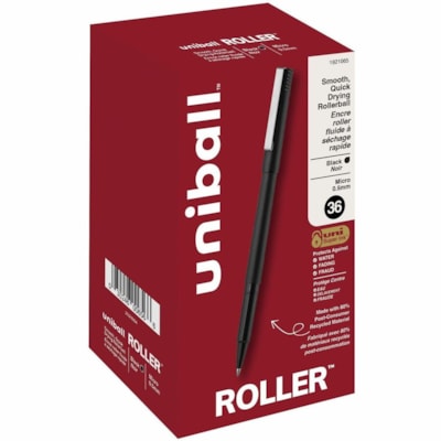 uniball(tm) Roller Rollerball Pen - 0.5 mm (0.02") Micro Pen Point - Black Ink - Liquid - Black Barrel - 36 / Pack  