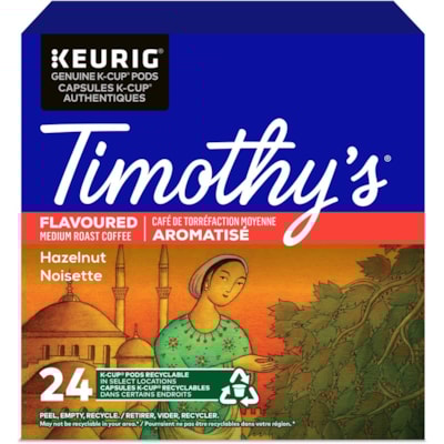Timothy's K-Cup Hazelnut Flavoured Medium Roast Coffee - Compatible with Keurig K-Cup Brewer - Medium - Per Pod - 24 / Box  