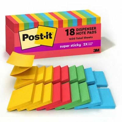Post-it® Super Sticky Dispenser Notes - Playful Primaries Color Collection - 3" (76.20 mm) Flag/Note Width x 3" (76.20 mm) Flag/Note Length - Square - Candy Apple Red, Blue Paradise, Sunnyside, Lucky Green - Paper - Pop-up, Recyclable - 18 / Pack 90 SHEETS/PAD PLYFUL PRIMRIES 