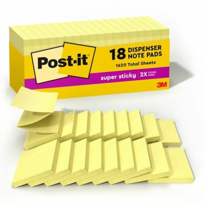Post-it® Super Sticky Dispenser Notes - Canary Yellow - 3" (76.20 mm) Flag/Note Width x 3" (76.20 mm) Flag/Note Length - Square - Canary Yellow - Paper - Pop-up, Recyclable, Adhesive - 18 / Pack 90 SHEETS/PAD CABINET PACK 