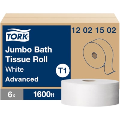 TORK Jumbo Toilet Paper Roll White T1 - 2 Ply - 10" (254 mm) Roll Diameter - 2.34" (59.44 mm) Core - White - Fiber, Paper - 6 Roll 3 5/9" X 1600' WHITE 