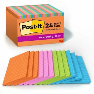 Post-it® Super Sticky Notes - Energy Boost Color Collection - 4" (101.60 mm) Flag/Note Width x 6" (152.40 mm) Flag/Note Length - Rectangle - 45 Sheets per Pad - Vital Orange, Tropical Pink, Blue Paradise, Limeade - Sticky - 24 / Pack 45 SHTS/PAD ENERGY BOOST 