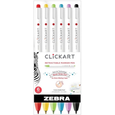 Zebra Pen - Marqueurs CLiCKART, emb. de 6 - 0,6 mm (0,02 po) Fine Ogive Pointe de marqueur - Rétractable - Ink Variées - Encre à base d'eau - 6 / emballage ENCRE à BASE D EAU POINTE FINE DE 0 6 MM