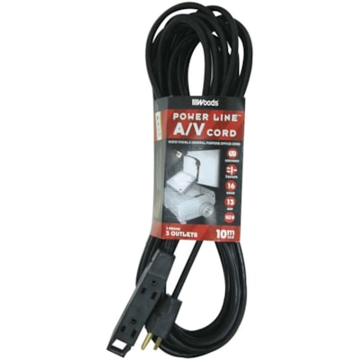 Woods Audio/Visual Extension Cord 10 m/32.8 ft. Black - For Audio/Video Device - 125 V AC / 13 A - Black - 32.8 ft Cord Length 10M EXT CORD 16/3 SJTW BLACK WOODS