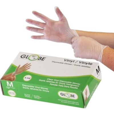 Globe Disposable Vinyl Gloves Clear Medium 100/box - 4 mil (0.10 mm) Thickness x 9.06" (230.12 mm) Glove Length - Chemical Protection - Medium Size - For Right/Left Hand - Clear - Latex-free, Water Proof, Allergen-free, Durable, BPA-free - For Food, Beauty Salon, General Purpose, Industrial, Paintin POWDER FREE  4 MIL BOX OF 100