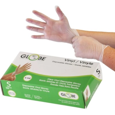 Globe Disposable Vinyl Gloves Clear Small 100/box - 4 mil (0.10 mm) Thickness x 9.06" (230.12 mm) Glove Length - Chemical Protection - Small Size - For Right/Left Hand - Clear - Latex-free, Water Proof, Allergen-free, Durable, BPA-free - For Food, Beauty Salon, General Purpose, Industrial, Painting, POWDER FREE  4 MIL BOX OF 100