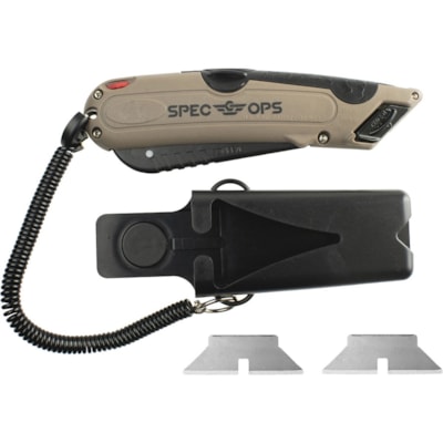 Spec Ops Auto Retractable Safety Knife Olive Green - Folding Knife - Olive Green 3 BLADE DEPTH SETTINGS ERGONOMIC  2 EXTRA BLADES