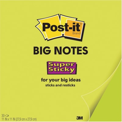 Post-it® - Adhesive Note Super Sticky - largeur de drapeau/note 11 po (279,40 mm) x longueur de drapeau/note 11 po (279,40 mm) - Carré - 30 Feuilles par bloc - Vert - Recyclable, Portable - 30 / bloc  