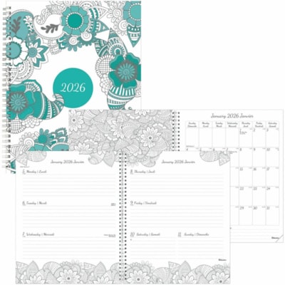 Blueline 2026 DoodlePlan 12-Month Weekly/Monthly Planner - January to December - 11" x 8-1/2" - Botanica - Bilingual - Weekly, Monthly - 12 Month - January 2026 to December 2026 - 1 Week Double Page Layout - Letter - 8 1/2" (215.90 mm) x 11" (279.40 mm) Sheet Size - Twin Wire - Paper - Poly Cover -   