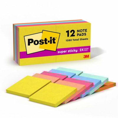 Post-it® Super Sticky Note Pads - Summer Joy Color Collection - 3" (76.20 mm) Flag/Note Width x 3" (76.20 mm) Flag/Note Length - Square - 90 Sheets per Pad - Citron, Papaya Fizz, Power Pink, Washed Denim, Fresh Mint - Sticky, Recyclable - 12 / Pack 654-12SSJOY  SUMMER JOY 3 IN X 3 IN (76 MM X 76 MM)