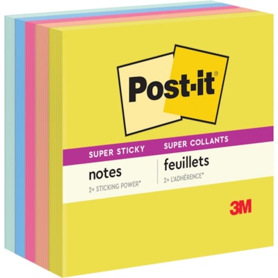 Post-it® Super Sticky Note Pads - Summer Joy Color Collection - 3" (76.20 mm) Flag/Note Width x 3" (76.20 mm) Flag/Note Length - Square - 90 Sheets per Pad - Citron, Papaya Fizz, Power Pink, Washed Denim, Fresh Mint - Sticky, Recyclable - 5 / Pack 654-5SSJOY  SUMMER JOY 3 IN X 3 IN (76 MM X 76 MM)