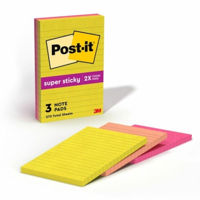 Post-it® Super Sticky Multi-Pack Notes - Summer Joy Color Collection - 4" (101.60 mm) Flag/Note Width x 6" (152.40 mm) Flag/Note Length - Rectangle - 90 Sheets per Pad - Citron, Papaya Fizz, Power Pink, Washed Denim, Fresh Mint - Sticky, Recyclable - 3 / Pack 660-3SSJOY  SUMMER JOY 4 IN X 6 IN (101 MM X 152 MM)