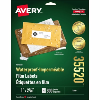 Avery® Waterproof Labels 1" x 2-5/8" , Permanent Adhesive, for Laser Printers - 2 5/8" (66.68 mm) Width x 1" (25.40 mm) Length - Permanent Adhesive - Rectangle - Laser - White - Film - 30 / Sheet - 10 Total Sheets - 300 Total Label(s) - Tear Resistant, Chemical Resistant, Smudge Proof, Heat Resi 1" X 2 5/8" WHITE 