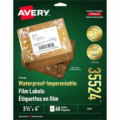 Avery® Waterproof Labels 3-1/3" x 4" , Permanent Adhesive, for Laser Printers - 3 21/64" (84.58 mm) Width x 4" (101.60 mm) Length - Permanent Adhesive - Rectangle - Laser - White - Film - 6 / Sheet - 10 Total Sheets - 60 Total Label(s) - Water Resistant - Scuff Resistant, Tear Resistant, Chemica 3 1/3" X 4" WHITE 
