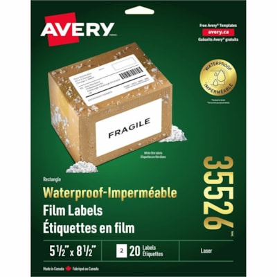 Avery® Waterproof Labels 5-1/2" x 8-1/2" , Permanent Adhesive, for Laser Printers - 8 1/2" (215.90 mm) Width x 5 1/2" (139.70 mm) Length - Permanent Adhesive - Rectangle - Laser - White - Film - 2 / Sheet - 20 Total Label(s) - Water Resistant - Tear Resistant, Scuff Resistant, Smear Resistant, C 5 1/2" X 8 1/2" WHITE 