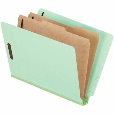 Pendaflex Pressboard End Tab Classification Shelf File Folders - 8 1/2" (215.90 mm) x 11" (279.40 mm) - 6 Fastener(s) - 2" (50.80 mm) Fastener Capacity - End Tab Location - 2 Divider(s) - 25 pt. (8.80 mm) - Pressboard - Green - 10 / Box GRN PRSBD 25PT 75% REC.10%PCW 6 MANILA FILING SECT.W/2"CAP.