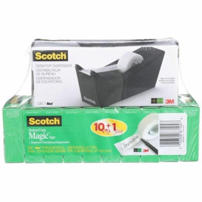 Scotch Magic Invisible Tape - 27.8 yd (25.4 m) Length x 0.75" (19 mm) Width - 0.75" Core - Matte - Transparent - Matte Acetate Backing - Acrylic Adhesive - Dispenser Included - Moisture Resistant, Yellowing Resistant, Split Resistant - For Home, School, Office, General Purpose, Wrapping, Sealing, Me BLK WITH 10 ROLLS TAPE 3/4" X 1000' 810 MAGIC TAPE