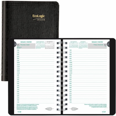 Blueline 2026 EcoLogix 12-Month Daily Planner - January to December - 8" x 5" - Black - Bilingual - Daily, Monthly - 12 Month - January 2026 to December 2026 - 7:00 AM to 7:30 PM - Half-hourly, Monday - Sunday - 1 Day Single Page Layout - 5" (127 mm) x 8" (203.20 mm) Sheet Size - Twin Wire - Black -  