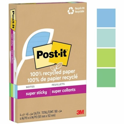 Post-it® - Feuillet adhésif Super Sticky - 180 - largeur de drapeau/note 4 po (101,60 mm) x longueur de drapeau/note 6 po (152,40 mm) - 45 Feuilles par bloc - Amovible, Repositionnables, Recyclable - Recyclé - 4 / emballage 4 IN X 6 IN  OASIS COLLECTION 4 PADS  45 SHEETS/PAD