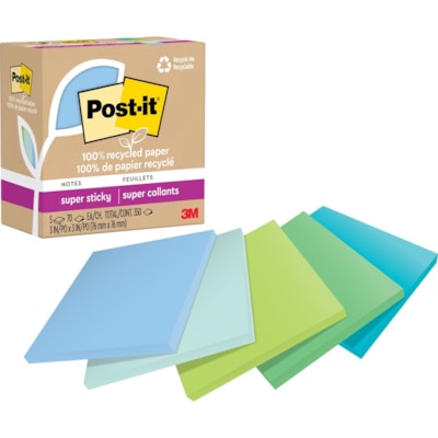 Post-it® - Feuillet adhésif Super Sticky - 350 - largeur de drapeau/note 3 po (76,20 mm) x longueur de drapeau/note 3 po (76,20 mm) - Carré - 70 Feuilles par bloc - Amovible, Repositionnables, Recyclable - Recyclé - 5 / emballage  3 IN X 3 IN  OASIS COLLECTION 5 PADS  70 SHEETS/PAD