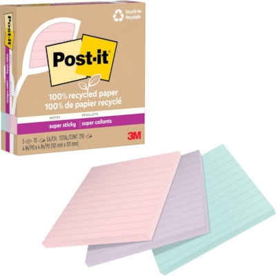Post-it® - Feuillet adhésif Super Sticky - 210 - largeur de drapeau/note 4 po (101,60 mm) x longueur de drapeau/note 4 po (101,60 mm) - Carré - 70 Feuilles par bloc - Amovible, Repositionnables, Recyclable - Recyclé - 3 / emballage 4 IN X 4 IN LINED  WANDERLUST 3 PADS  70 SHEETS/PAD
