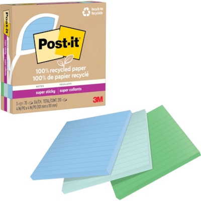 Post-it® - Feuillet adhésif Super Sticky - 210 - largeur de drapeau/note 4 po (101,60 mm) x longueur de drapeau/note 4 po (101,60 mm) - Carré - 70 Feuilles par bloc - Avec ligne - Amovible, Repositionnables, Recyclable - Recyclé - 3 / emballage 4 IN X4 IN  OASIS COLLECTION  3 PADS  70 SHEETS/PAD
