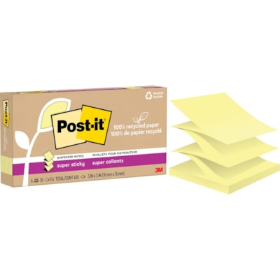 Post-it® - Feuillet adhésif Super Sticky - largeur de drapeau/note 3 po (76,20 mm) x longueur de drapeau/note 3 po (76,20 mm) - Carré - 70 Feuilles par bloc - Jaune canari - Amovible, Repositionnables, Recyclable, Pop-up - Recyclé - 12 / emballage 3 IN X 3 IN  CANARY 6 PADS/PACK  70 SHEETS/PAD