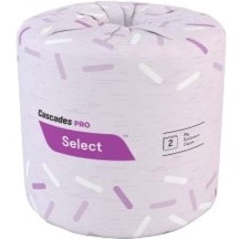 Cascades PRO Select Bathroom Tissue - 2 Ply - 4" (101.60 mm) Width x 3.20" (81.28 mm) Length - 500 Sheets/Roll - 4.25" (107.95 mm) Roll Diameter - 1.64" (41.66 mm) Core - White - Fiber - 48 / Pack 500 SHEETS  2 PLY  4 X 3.2 CASCADES PRO SELECT