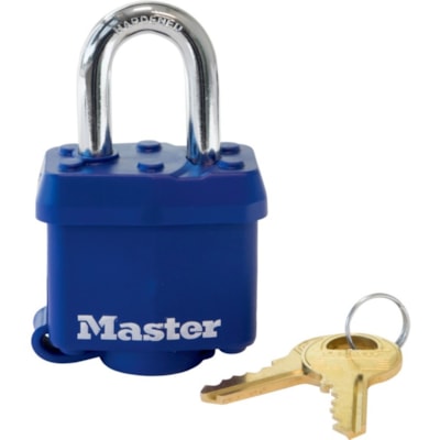 Master Lock Laminated Padlock - Keyed Different - 0.28" (7 mm) Shackle Diameter - Weather Resistant, Dirt Resistant, Pry Resistant - Thermoplastic, Laminated Steel - Blue - 1 Each HARDENED STEEL SHACKLE BLUE WEATHER RESISTANT SHELL