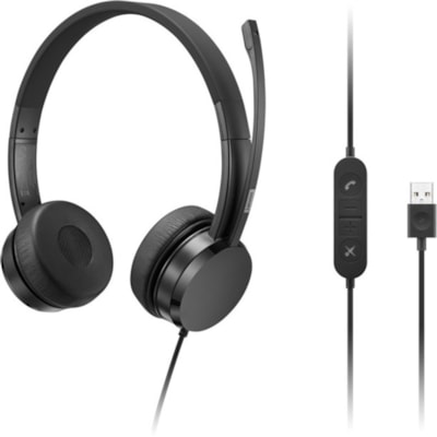 Lenovo USB-A Wired Stereo On-Ear Headset (with Control Box) - Stereo - USB Type A - Wired - 32 Ohm - 20 Hz to 20 kHz - On-ear, Over-the-head - Binaural - 5.9 ft Cable - Uni-directional Microphone - Black  ACCS 